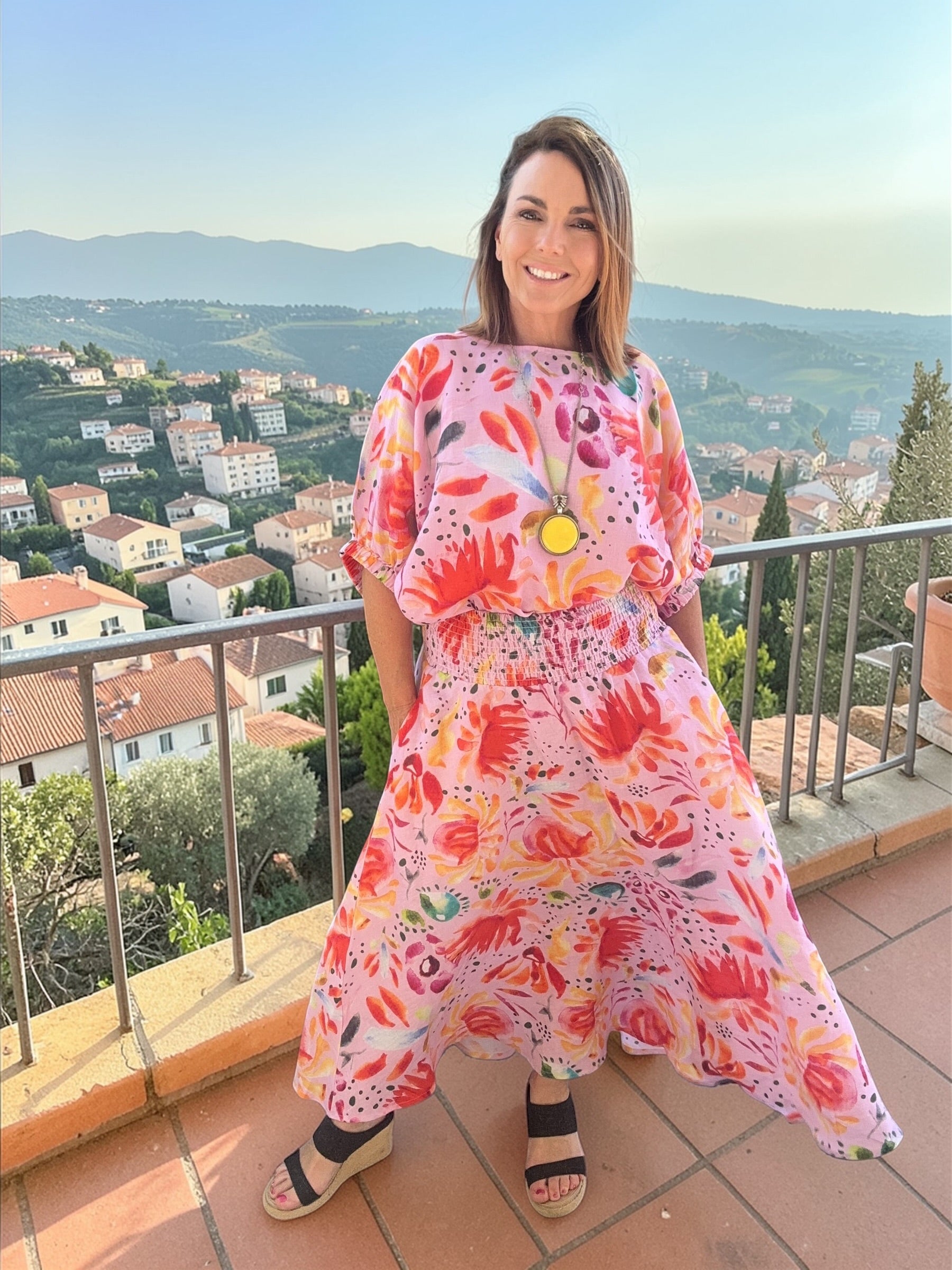 Sunset bloom floral linen skirt in coral and pink tones, wearable art women’s maxi skirt with elastic waist