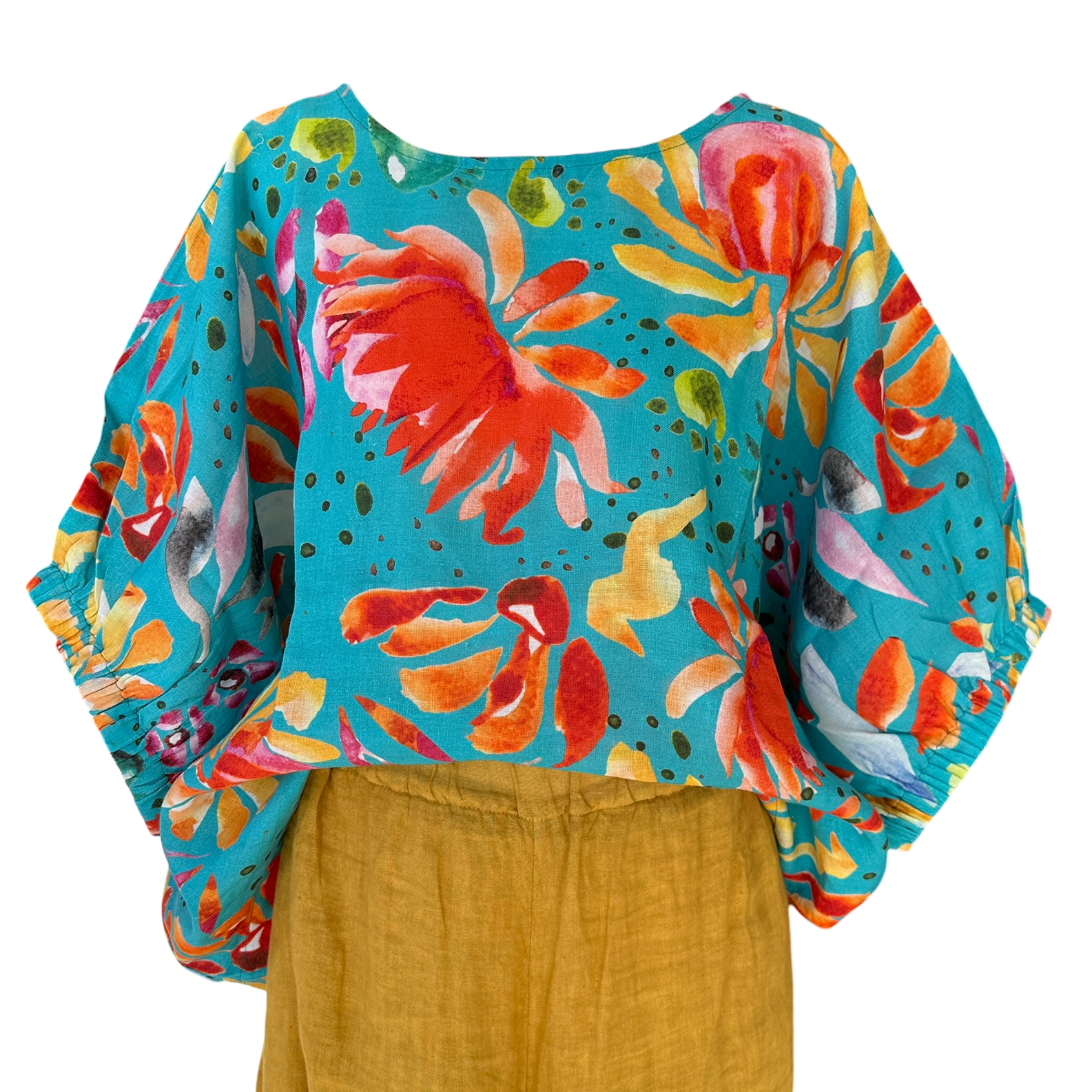Women's wearable art linen blouse with bright tropical flower print design