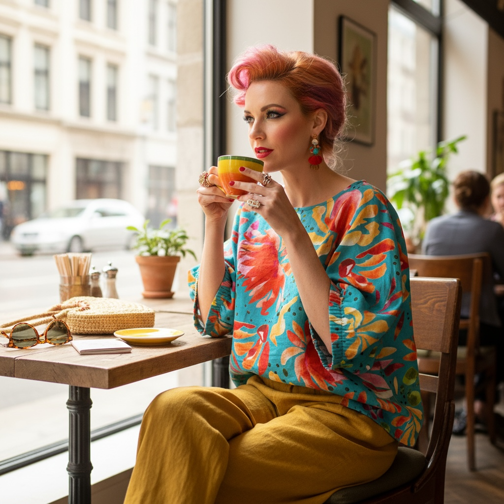 Turquoise Jeunesse linen top with vibrant tropical floral artwork by Kerry Munns