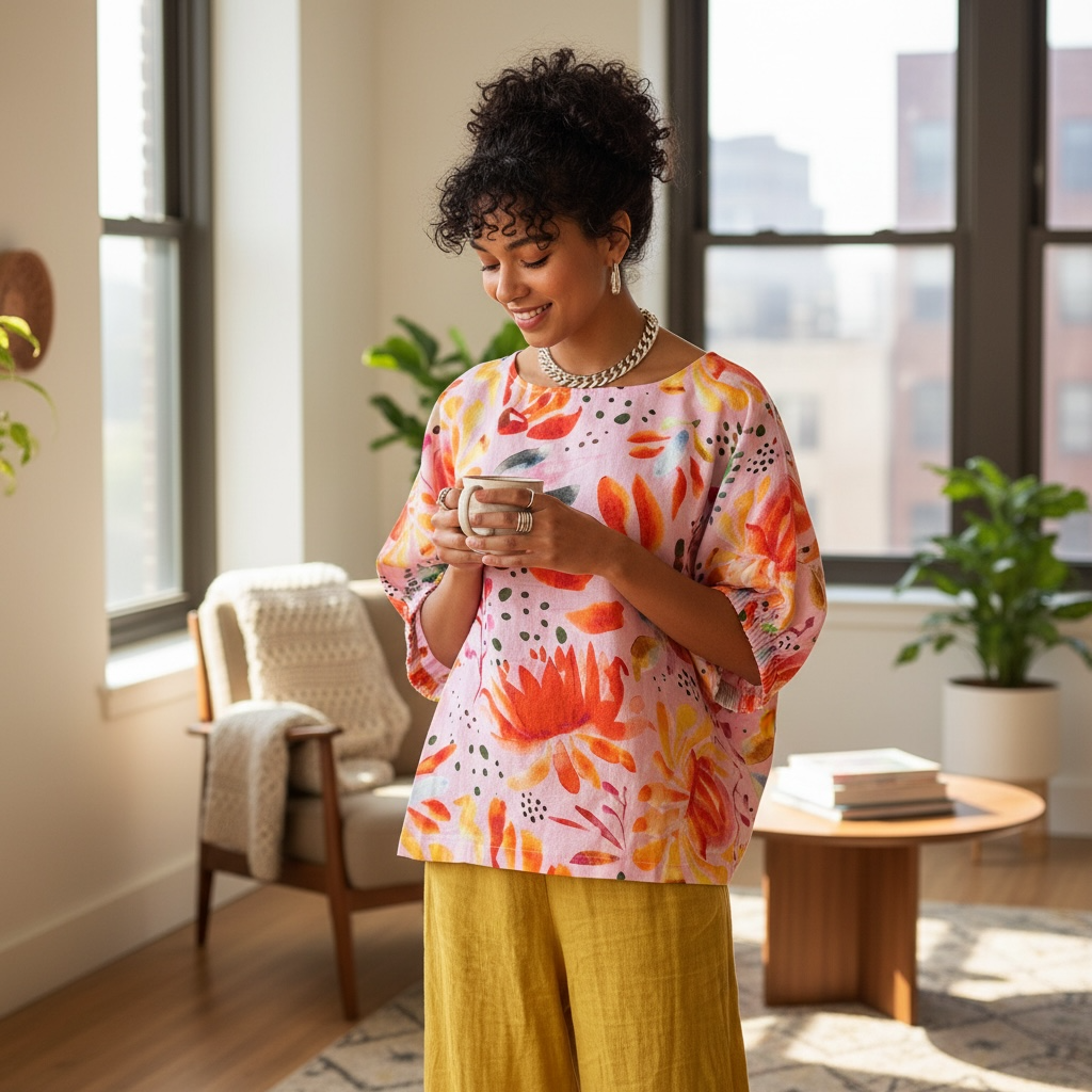 Women's wearable art linen blouse featuring bright pink floral print design