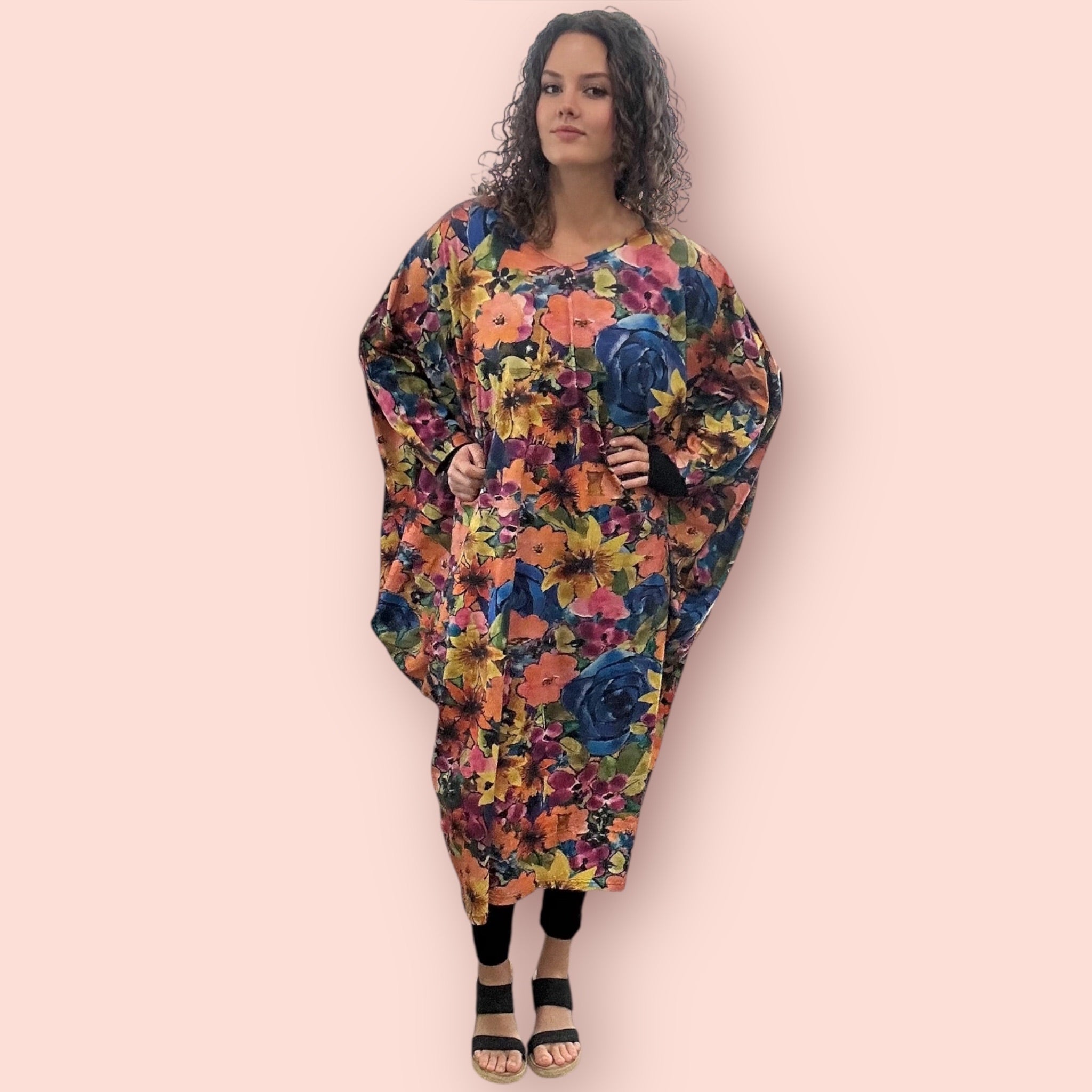 Curve-friendly stretch cotton dress with vibrant art print by Kerry Munns front view