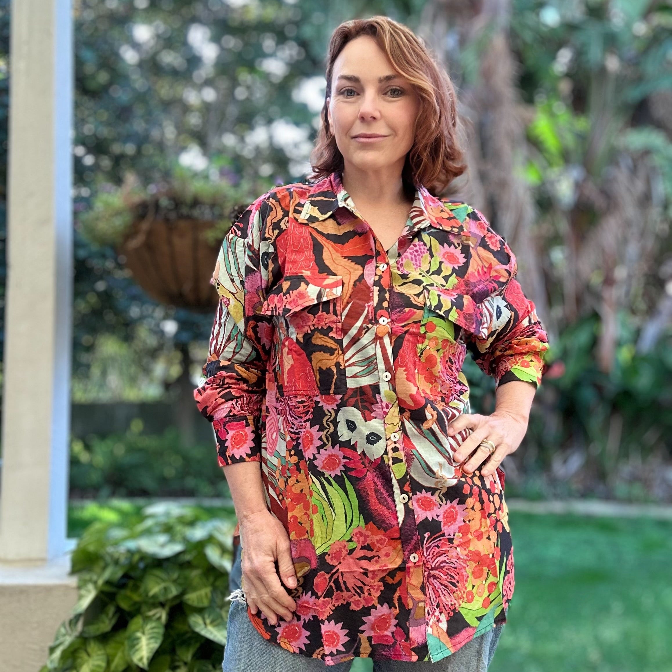 Maxi shirt in vibrant sunset floral print – wearable art by Kerry Munns, women's fashion