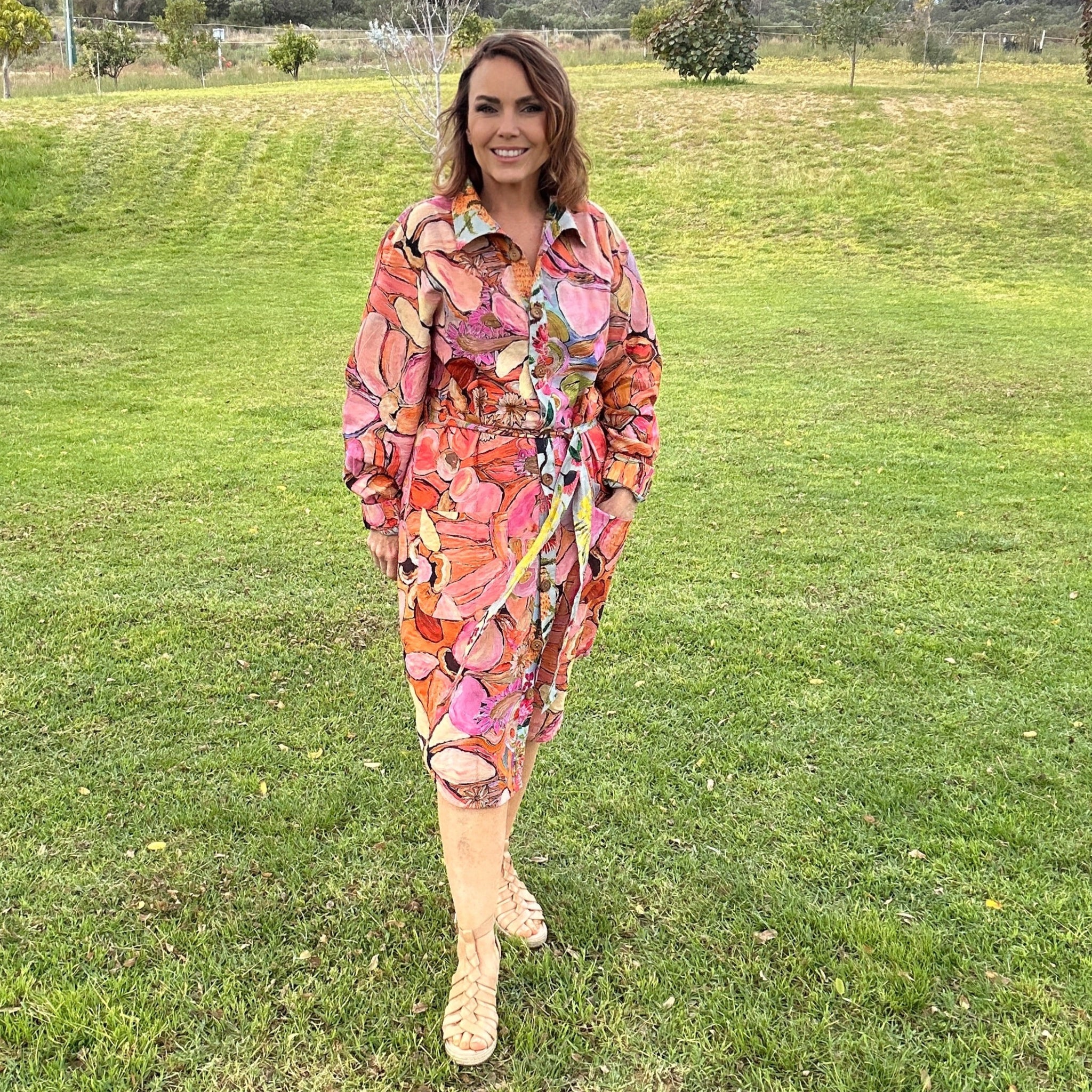 Woman wearing original wearable art coat dress